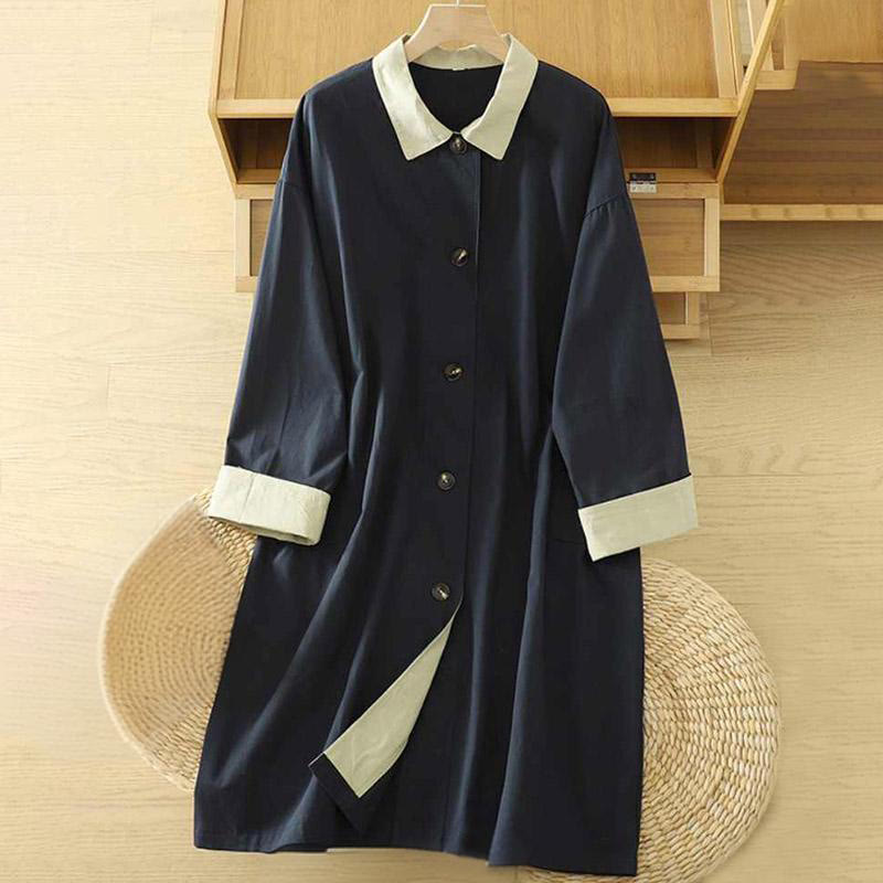 Płaszcz damski z długim rękawem z bawełny z kieszeniami i guzikami z jesiennych klap w kształcie Buddha Stones - MidnightBlue - US12, UK/AU16, EU44 (XL) - image 11