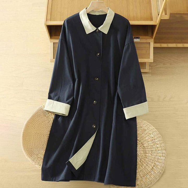 Płaszcz damski z długim rękawem z bawełny z kieszeniami i guzikami z jesiennych klap w kształcie Buddha Stones - MidnightBlue - US12, UK/AU16, EU44 (XL) - image 11