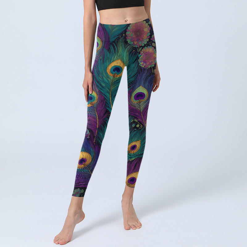 Legginsy do jogi damskie z nadrukiem w kwiaty i pawie pióra z motywem Buddha Stones - image 5