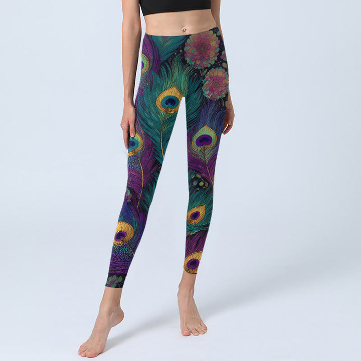 Legginsy do jogi damskie z nadrukiem w kwiaty i pawie pióra z motywem Buddha Stones - image 5