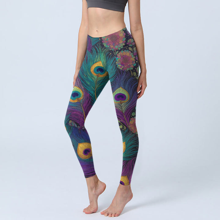 Legginsy do jogi damskie z nadrukiem w kwiaty i pawie pióra z motywem Buddha Stones - CiemnaOrchidea - US18, UK/AU22, EU50 (4XL) - image 0