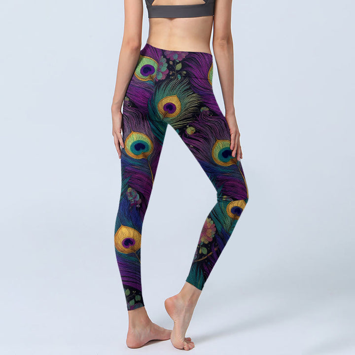 Legginsy do jogi damskie z nadrukiem w kwiaty i pawie pióra z motywem Buddha Stones - image 3