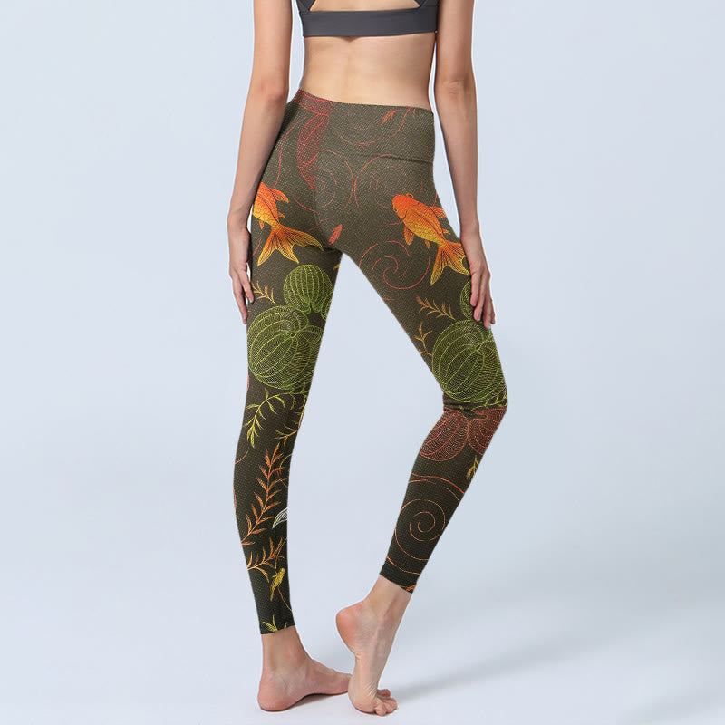 Buddha Stones, kolorowe ryby Koi, fale wodne, wzór roślinny, legginsy do ćwiczeń, damskie spodnie do jogi - image 3
