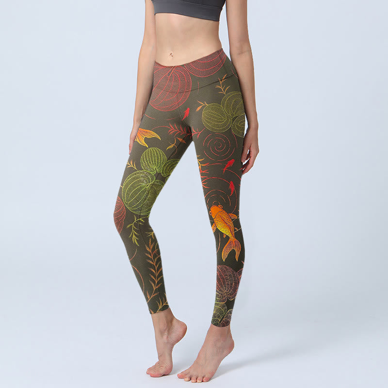 Buddha Stones, kolorowe ryby Koi, fale wodne, wzór roślinny, legginsy do ćwiczeń, damskie spodnie do jogi - DarkOliveGreen - US18, UK/AU22, EU50 (4XL) - image 0