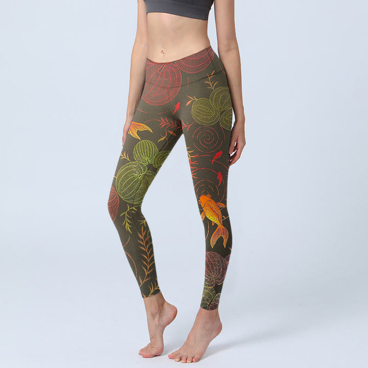 Buddha Stones, kolorowe ryby Koi, fale wodne, wzór roślinny, legginsy do ćwiczeń, damskie spodnie do jogi - DarkOliveGreen - US18, UK/AU22, EU50 (4XL) - image 0