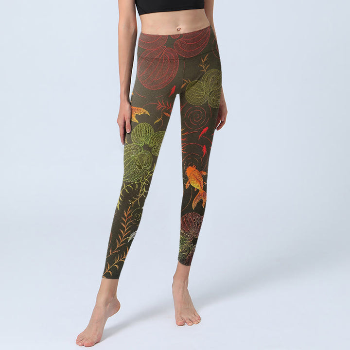 Buddha Stones, kolorowe ryby Koi, fale wodne, wzór roślinny, legginsy do ćwiczeń, damskie spodnie do jogi - image 5