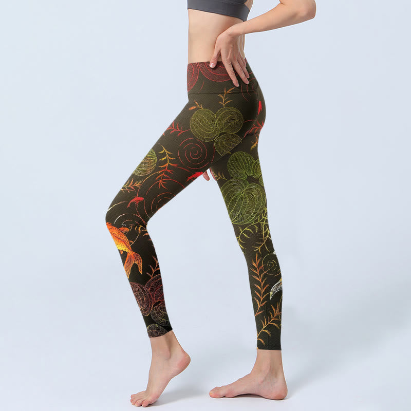 Buddha Stones, kolorowe ryby Koi, fale wodne, wzór roślinny, legginsy do ćwiczeń, damskie spodnie do jogi - image 2