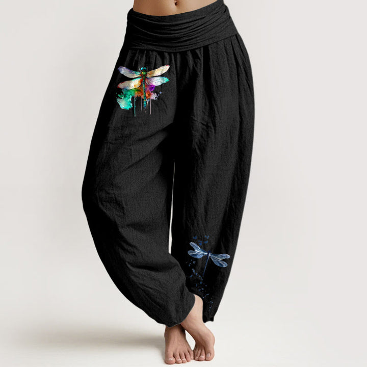 Spodnie haremki damskie z elastyczną talią i wzorem ważki z czystej bawełny z motywem Buddha Stones - Czarny - US16, UK/AU20, EU48 (3XL) - image 0