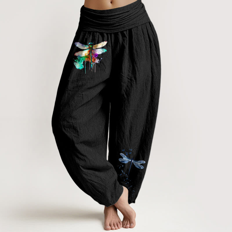 Spodnie haremki damskie z elastyczną talią i wzorem ważki z czystej bawełny z motywem Buddha Stones - Czarny - US16, UK/AU20, EU48 (3XL) - image 0