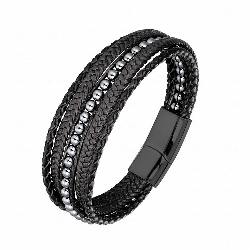 Bransoletka wzmacniająca z koralików skórzanych, Buddha Stones, hematytu, indyjskiego agatu i tygrysiego oka z amazonitem - Klamra z czarnego hematytu - 19-21 cm - image 0