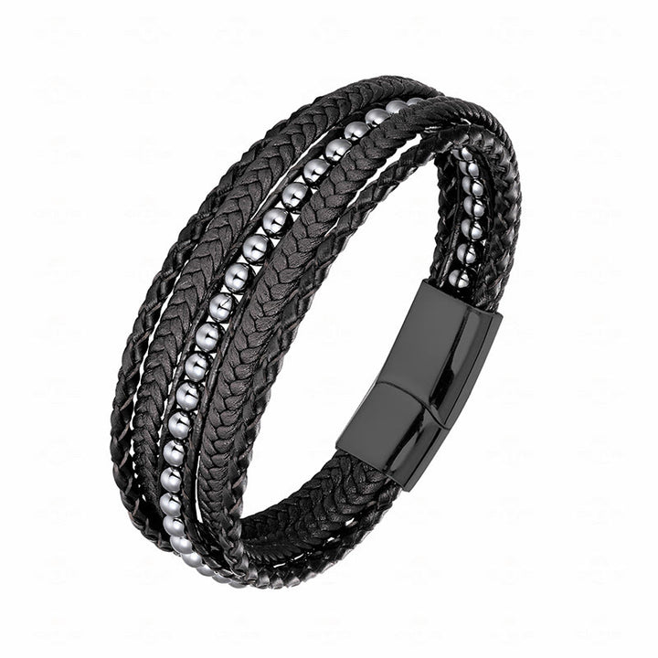 Bransoletka wzmacniająca z koralików skórzanych, Buddha Stones, hematytu, indyjskiego agatu i tygrysiego oka z amazonitem - Klamra z czarnego hematytu - 19-21 cm - image 0