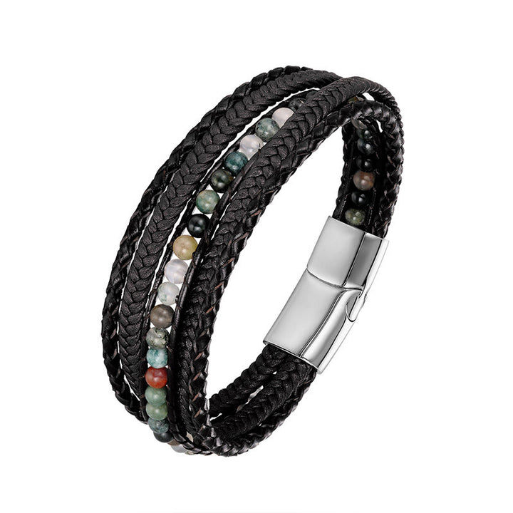 Bransoletka wzmacniająca z koralików skórzanych, Buddha Stones, hematytu, indyjskiego agatu i tygrysiego oka z amazonitem - Klamra ze srebra z indyjskiego agatu - 19-21 cm - image 3