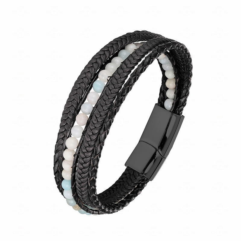 Bransoletka wzmacniająca z koralików skórzanych, Buddha Stones, hematytu, indyjskiego agatu i tygrysiego oka z amazonitem - Czarna klamra amazonitowa - 19-21 cm - image 25