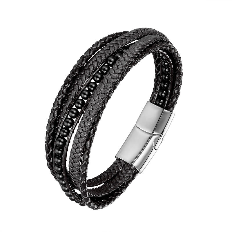 Bransoletka wzmacniająca z koralików skórzanych, Buddha Stones, hematytu, indyjskiego agatu i tygrysiego oka z amazonitem - Klamra z czarnego onyksu i srebra - 19-21 cm - image 17