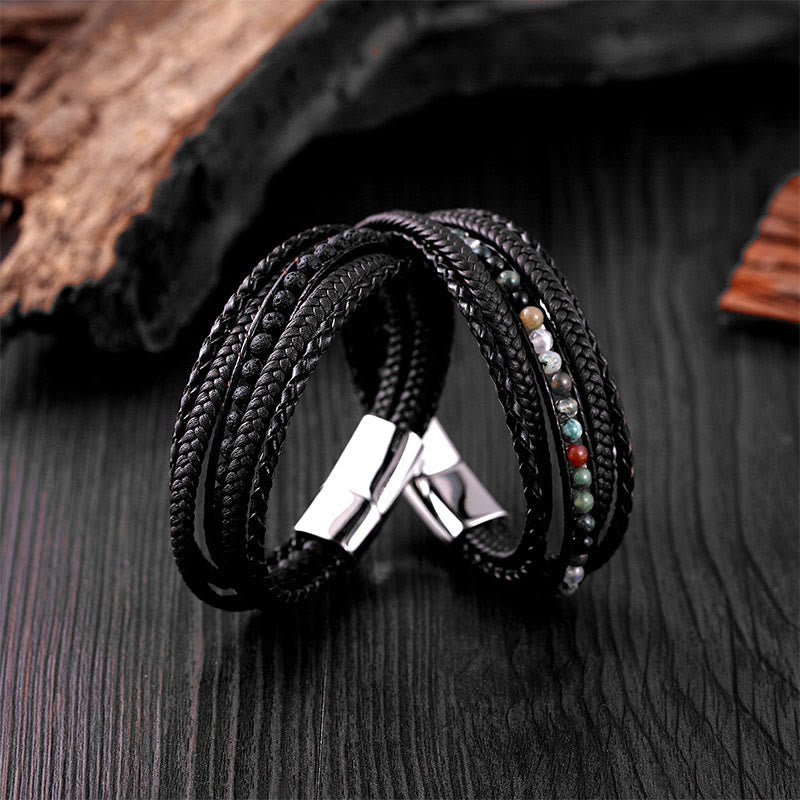 Bransoletka wzmacniająca z koralików skórzanych, Buddha Stones, hematytu, indyjskiego agatu i tygrysiego oka z amazonitem - image 28