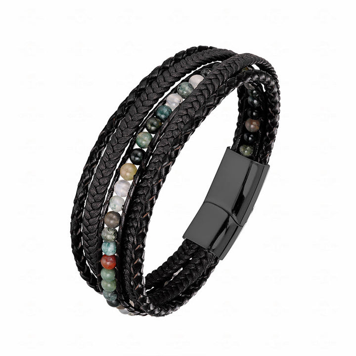 Bransoletka wzmacniająca z koralików skórzanych, Buddha Stones, hematytu, indyjskiego agatu i tygrysiego oka z amazonitem - Klamra z czarnego agatu indyjskiego - 19-21 cm - image 22