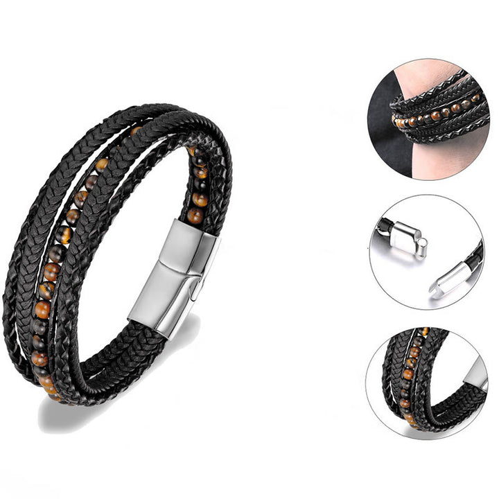 Bransoletka wzmacniająca z koralików skórzanych, Buddha Stones, hematytu, indyjskiego agatu i tygrysiego oka z amazonitem - image 6