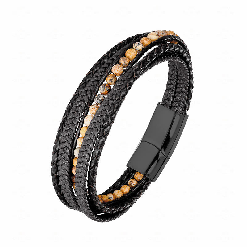 Bransoletka wzmacniająca z koralików skórzanych, Buddha Stones, hematytu, indyjskiego agatu i tygrysiego oka z amazonitem - Klamra z czarnego jaspisu obrazkowego - 19-21 cm - image 19