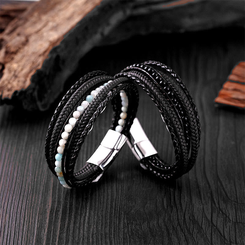Bransoletka wzmacniająca z koralików skórzanych, Buddha Stones, hematytu, indyjskiego agatu i tygrysiego oka z amazonitem - image 27