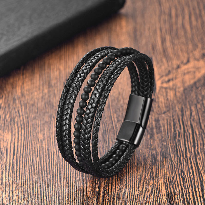 Bransoletka wielowarstwowa pleciona z matowego, matowego, czarnego onyksu z kamieni Buddha Stones z motywem Fortune - Czarny onyks (obwód nadgarstka: 17-19 cm) - image 0