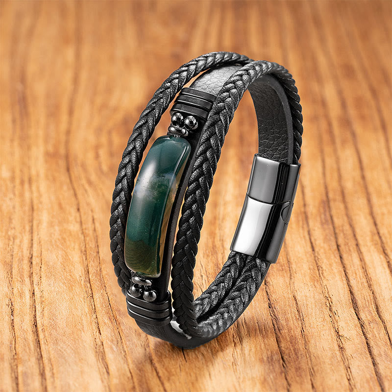 Buddha Stones Hematyt Lazuryt Lapis Lazuli Czarny brokat Kamień Różowy Kryształ Bransoletka ze Wzmocnionej Skóry Tytanowej Stali - Agat zielony - 18-22 cm - image 23