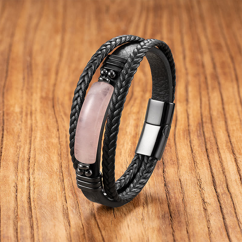 Buddha Stones Hematyt Lazuryt Lapis Lazuli Czarny brokat Kamień Różowy Kryształ Bransoletka ze Wzmocnionej Skóry Tytanowej Stali - Różowy kryształ - 18-22 cm - image 7