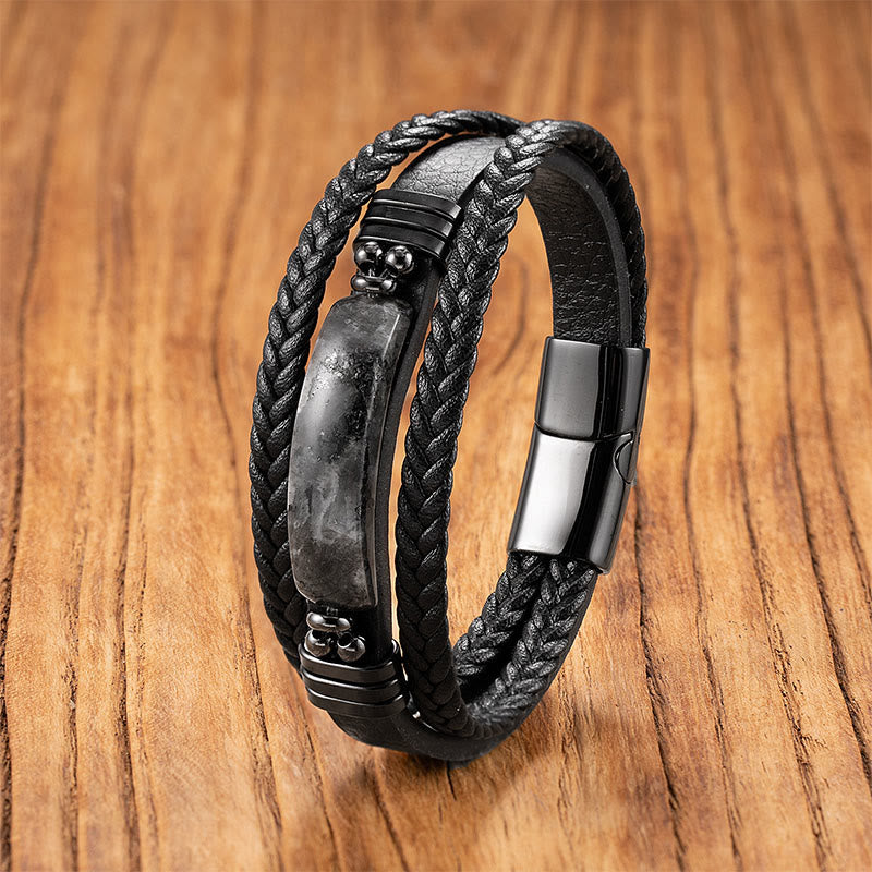 Buddha Stones Hematyt Lazuryt Lapis Lazuli Czarny brokat Kamień Różowy Kryształ Bransoletka ze Wzmocnionej Skóry Tytanowej Stali - Czarny kamień brokatowy - 18-22 cm - image 5