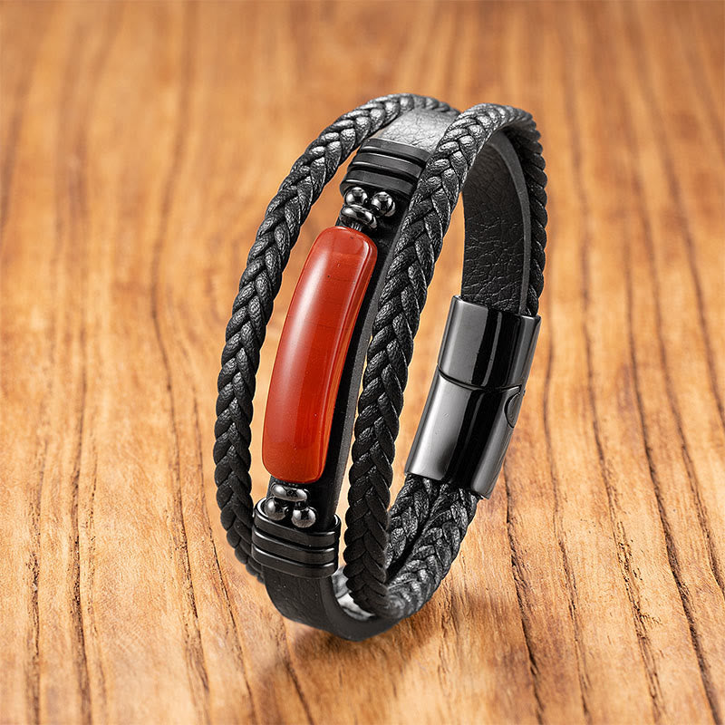 Buddha Stones Hematyt Lazuryt Lapis Lazuli Czarny brokat Kamień Różowy Kryształ Bransoletka ze Wzmocnionej Skóry Tytanowej Stali - Czerwony Liuli - 18-22 cm - image 9