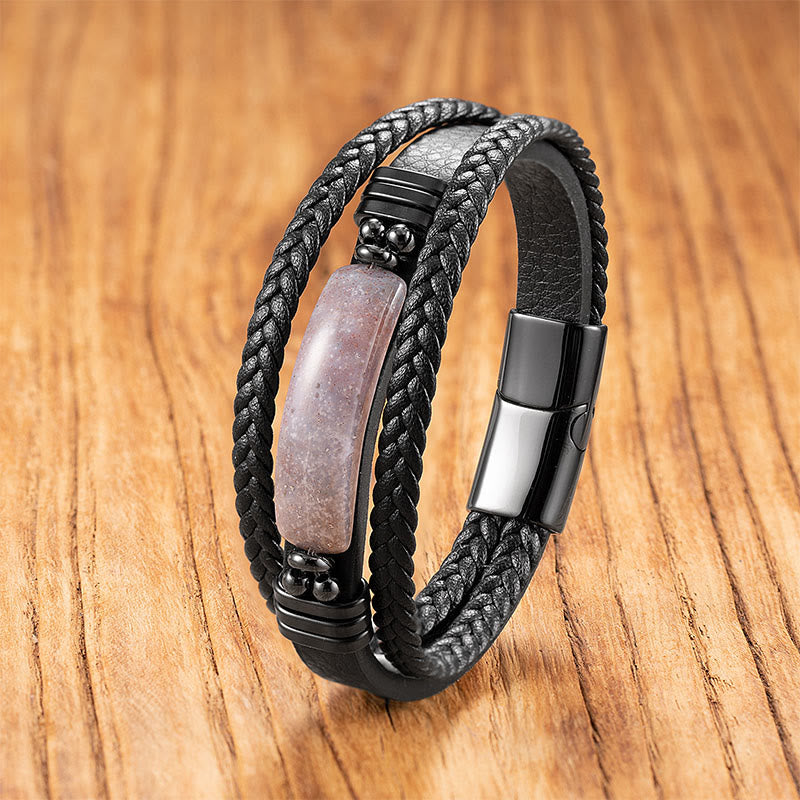 Buddha Stones Hematyt Lazuryt Lapis Lazuli Czarny brokat Kamień Różowy Kryształ Bransoletka ze Wzmocnionej Skóry Tytanowej Stali - Różowy Agat - 18-22 cm - image 24