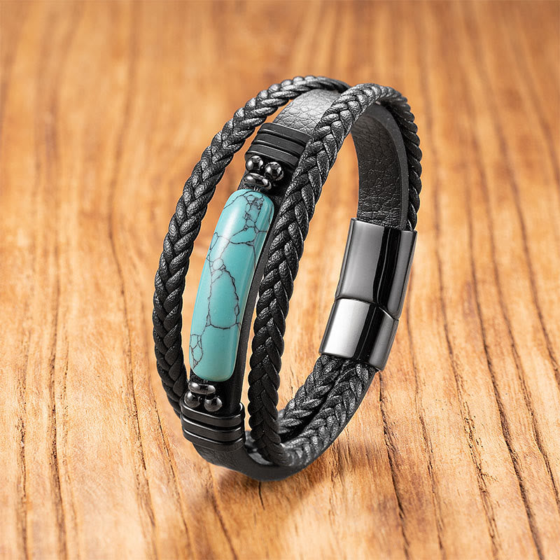 Buddha Stones Hematyt Lazuryt Lapis Lazuli Czarny brokat Kamień Różowy Kryształ Bransoletka ze Wzmocnionej Skóry Tytanowej Stali - Turkus - 18-22 cm - image 10