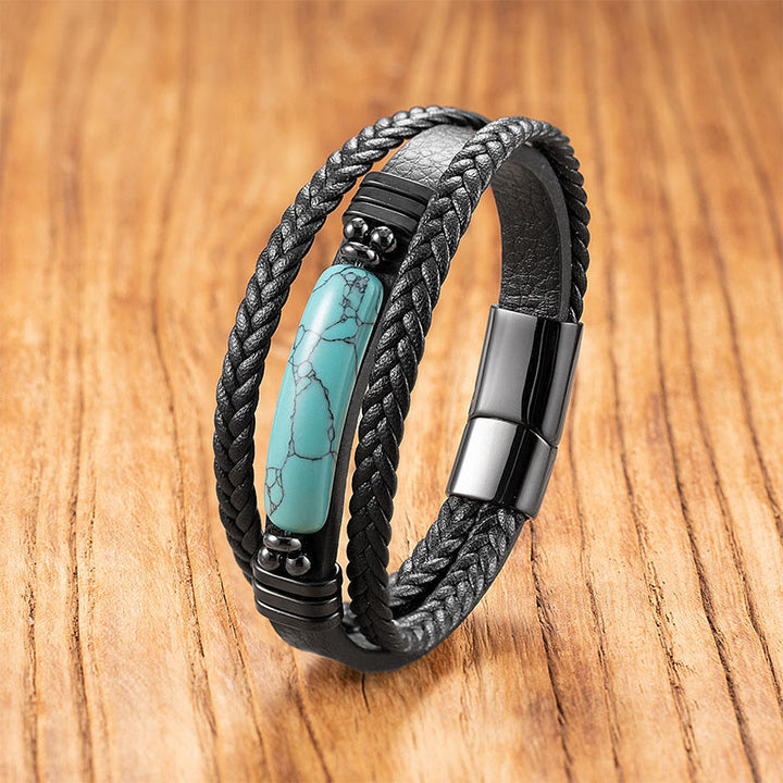 Buddha Stones Hematyt Lazuryt Lapis Lazuli Czarny brokat Kamień Różowy Kryształ Bransoletka ze Wzmocnionej Skóry Tytanowej Stali - Turkus - 18-22 cm - image 10