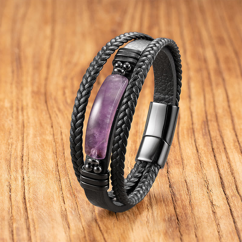 Buddha Stones Hematyt Lazuryt Lapis Lazuli Czarny brokat Kamień Różowy Kryształ Bransoletka ze Wzmocnionej Skóry Tytanowej Stali - Ametyst - 18-22 cm - image 12