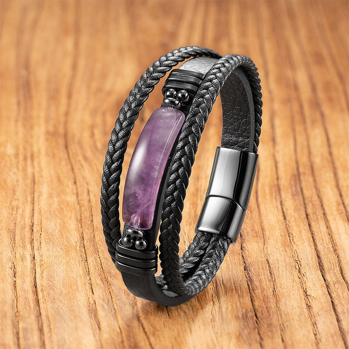 Buddha Stones Hematyt Lazuryt Lapis Lazuli Czarny brokat Kamień Różowy Kryształ Bransoletka ze Wzmocnionej Skóry Tytanowej Stali - Ametyst - 18-22 cm - image 12