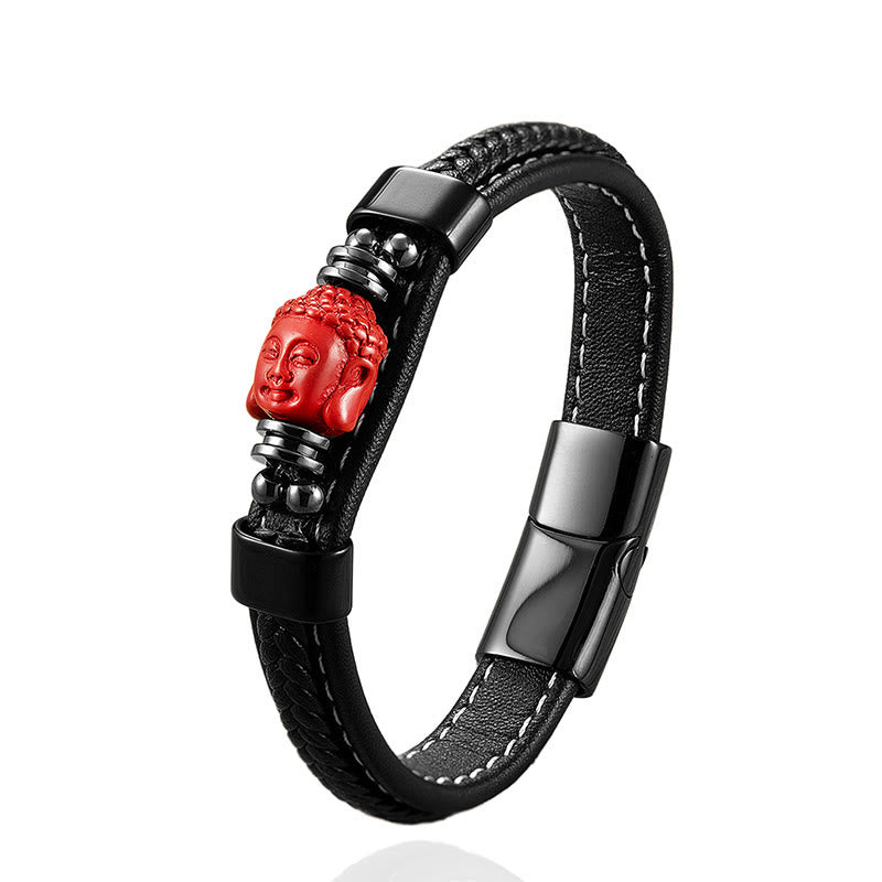 Buddha Stones, symbol Buddy z cynobrowym motywem, ryba Koi, smok, postać Fu, Pi Xiu, skórzana bransoletka z błogosławieństwem - image 1
