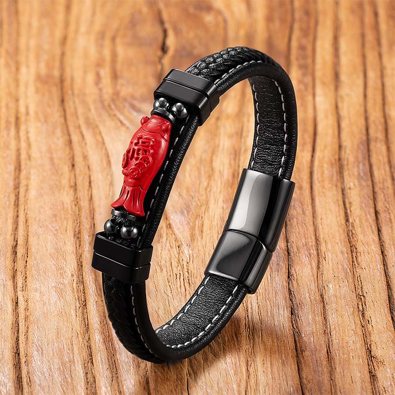 Buddha Stones, symbol Buddy z cynobrowym motywem, ryba Koi, smok, postać Fu, Pi Xiu, skórzana bransoletka z błogosławieństwem - Postać Koi Fish&Fu - 18-22 cm - image 10