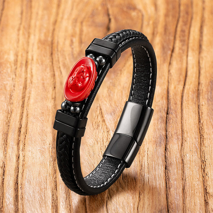 Buddha Stones, symbol Buddy z cynobrowym motywem, ryba Koi, smok, postać Fu, Pi Xiu, skórzana bransoletka z błogosławieństwem - Postać Ingot&Fu - 18-22 cm - image 8