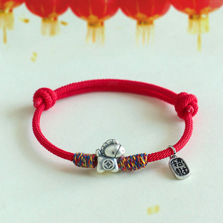 Bransoletka z Buddha Stones ze srebra próby 999, Rok Konia, Charakter Fu, Przyciąganie Szczęścia, Sznurek, Sznurek - Czerwona lina (obwód nadgarstka: 14-19 cm) - image 9