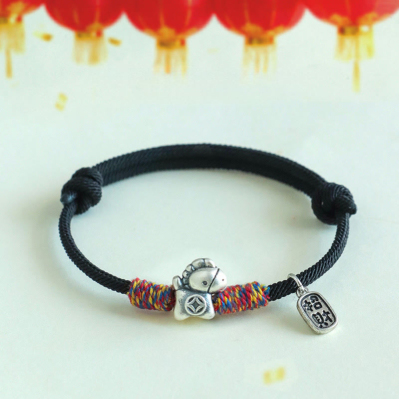 Bransoletka z Buddha Stones ze srebra próby 999, Rok Konia, Charakter Fu, Przyciąganie Szczęścia, Sznurek, Sznurek - Czarna lina (obwód nadgarstka: 14-19 cm) - image 14