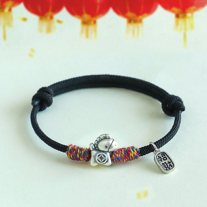 Bransoletka z Buddha Stones ze srebra próby 999, Rok Konia, Charakter Fu, Przyciąganie Szczęścia, Sznurek, Sznurek - Czarna lina (obwód nadgarstka: 14-19 cm) - image 14