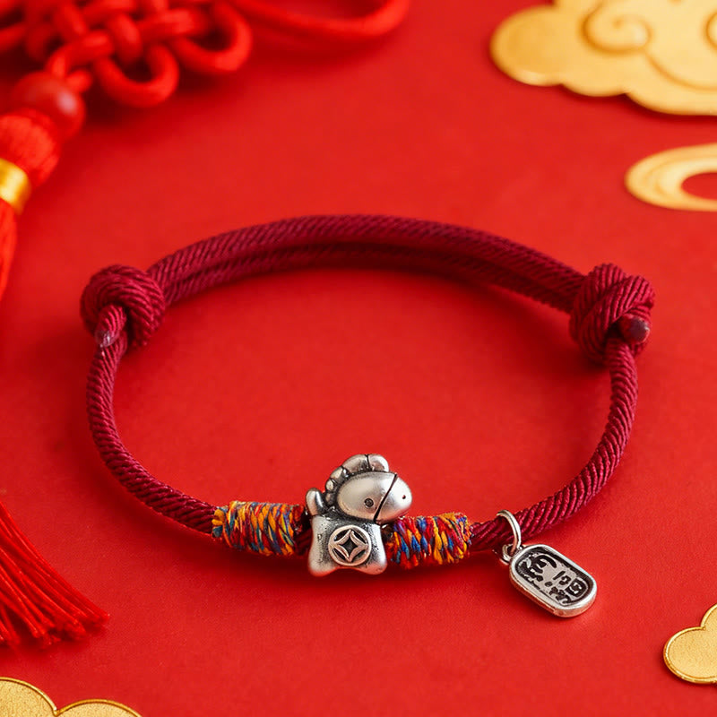 Bransoletka z Buddha Stones ze srebra próby 999, Rok Konia, Charakter Fu, Przyciąganie Szczęścia, Sznurek, Sznurek - image 0