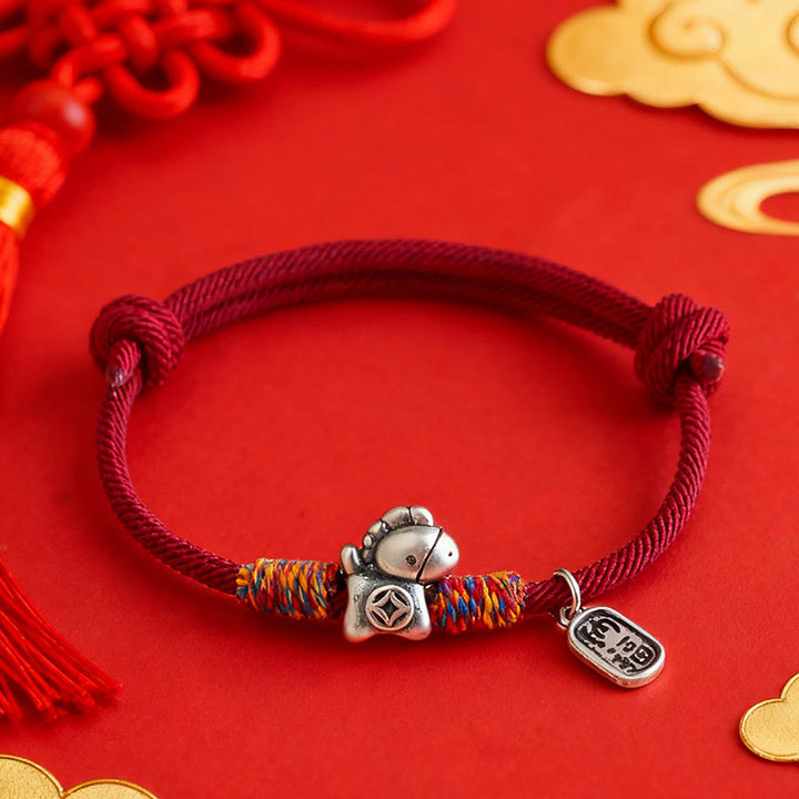 Bransoletka z Buddha Stones ze srebra próby 999, Rok Konia, Charakter Fu, Przyciąganie Szczęścia, Sznurek, Sznurek - image 0