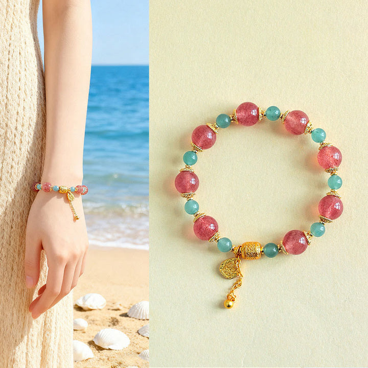 Bransoletka z naturalnych Buddha Stones z kwarcu truskawkowego i kamienia księżycowego, uzdrawiająca i pozytywna - Kwarc truskawkowy (obwód nadgarstka: 15-17 cm) - image 8