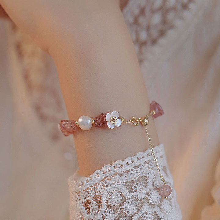 Bransoletka z naturalnego, nieregularnego łańcuszka leczniczego z Buddha Stones , białych pereł kwiatowych i kwarcu truskawkowego - image 1