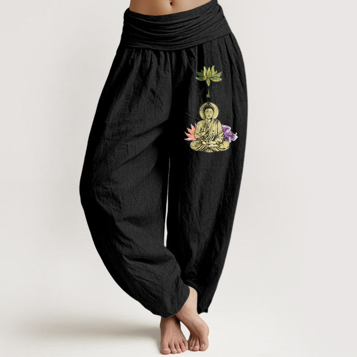 Buddha Stones, czysta bawełna, tradycyjny wzór Buddy Lotosu, damskie spodnie haremowe z elastyczną talią - Czarny - US16, UK/AU20, EU48 (3XL) - image 0