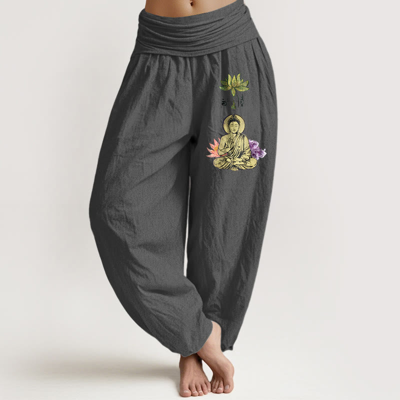 Buddha Stones, czysta bawełna, tradycyjny wzór Buddy Lotosu, damskie spodnie haremowe z elastyczną talią - DimGray - US16, UK/AU20, EU48 (3XL) - image 8