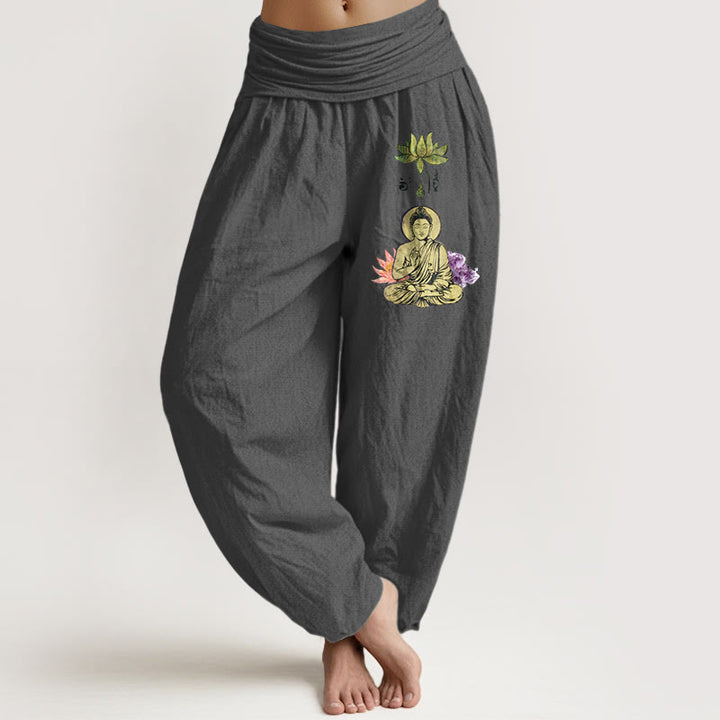 Buddha Stones, czysta bawełna, tradycyjny wzór Buddy Lotosu, damskie spodnie haremowe z elastyczną talią - DimGray - US16, UK/AU20, EU48 (3XL) - image 8