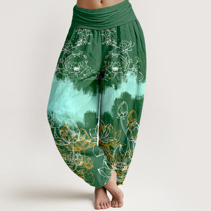 Damskie spodnie haremowe z elastyczną talią i kolorowym wzorem lotosu z motywem Buddha Stones - Zielony - US16, UK/AU20, EU48 (3XL) - image 0