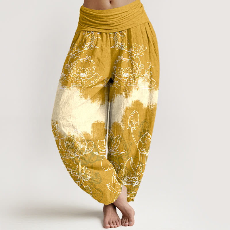 Damskie spodnie haremowe z elastyczną talią i kolorowym wzorem lotosu z motywem Buddha Stones - Złoto - US16, UK/AU20, EU48 (3XL) - image 5