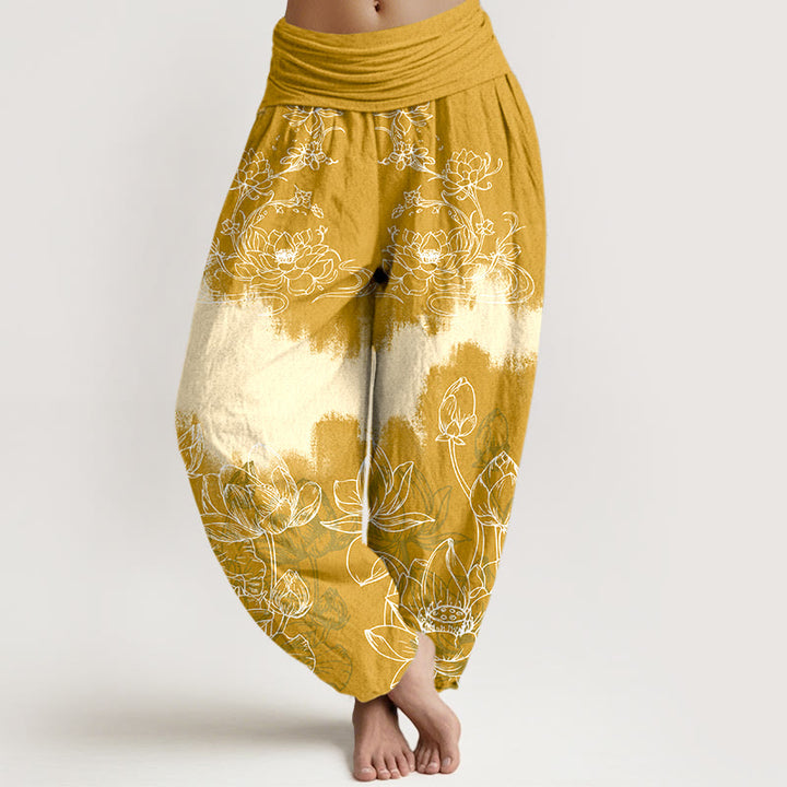 Damskie spodnie haremowe z elastyczną talią i kolorowym wzorem lotosu z motywem Buddha Stones - Złoto - US16, UK/AU20, EU48 (3XL) - image 5