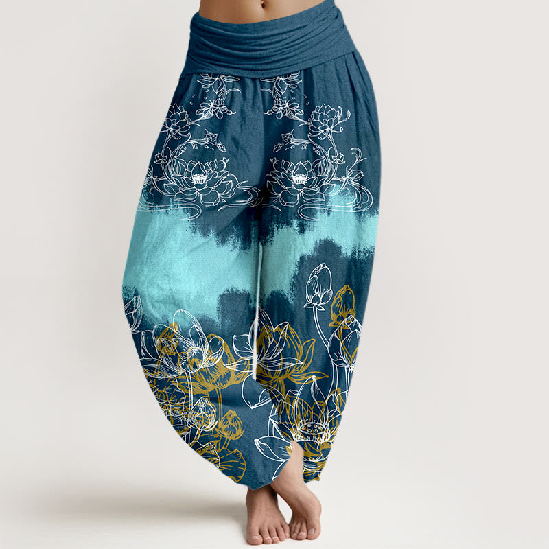 Damskie spodnie haremowe z elastyczną talią i kolorowym wzorem lotosu z motywem Buddha Stones - Stalowoniebieski - US16, UK/AU20, EU48 (3XL) - image 8